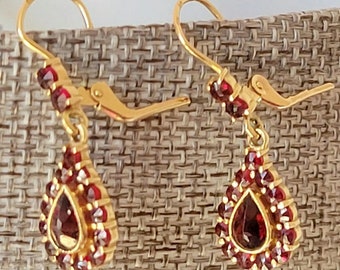 Pair of 14K Yellow Gold Vintage Garnet Pierced Earrings with Leverback style Fasteners