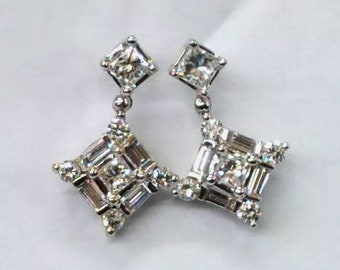 Pair of 14K White Gold Princess cut and Baguette cut Diamond Dangle Earrings