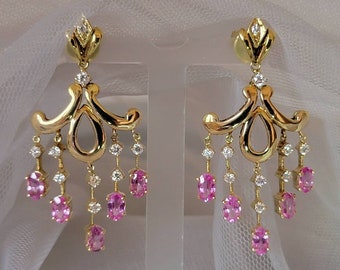 Pair of 14K, 585 Yellow Gold Genuine Pink Sapphire and Diamond Chandelier style Vintage Pierced Earrings