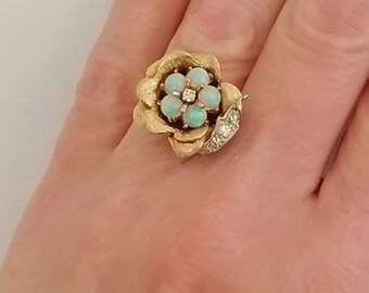 14K Yellow Gold 3D Rose Shaped Ring set with Opal Gemstones and Diamonds