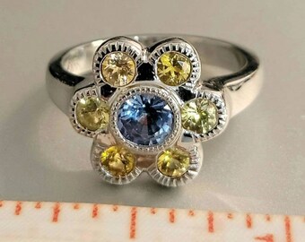 Platinum Genuine Blue Sapphire and Genuine Yellow Sapphire Flower Design Ring