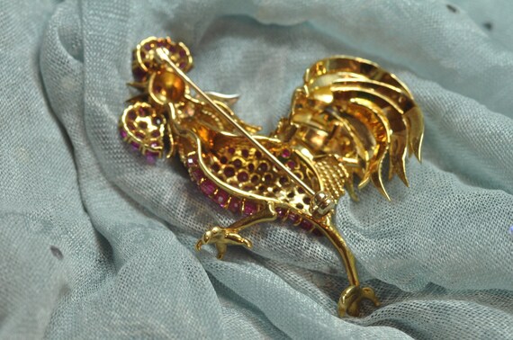 18K Yellow Gold Natural Ruby and Diamond Rooster … - image 2