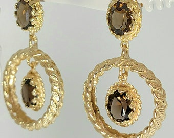 Pair of 14K Yellow Gold Dangle style Smokey Quartz Gemstone Pierced Earrings