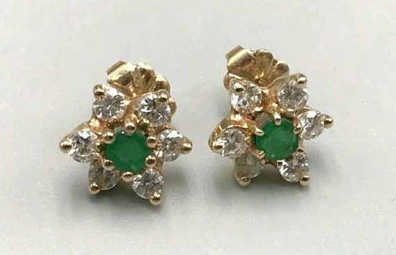 Pair of 14K Yellow Gold Genuine Emerald and Diamo… - image 3