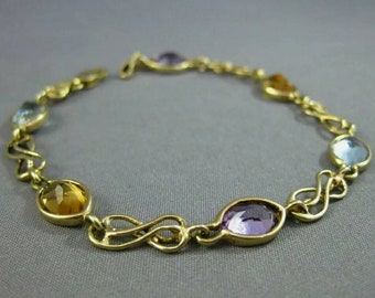 14K Yellow Gold Multi Genuine Gemstone Bracelet with Double Infinity Links