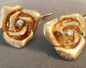 Pair of 14K Yellow Gold 3D Rose Design Diamond Earrings with 18K Earring Wires