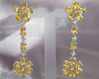14K White Gold Genuine Yellow Sapphire and Diamond Earrings in a Dangle style