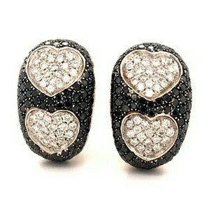 Pair of 18K White Gold 3.50 ctw Black and White Pave set Heart Diamond Earrings