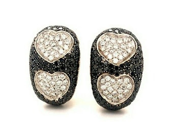 Pair of 18K White Gold 3.50 ctw Black and White Pave set Heart Diamond Earrings