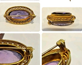 14K Yellow Gold Vintage Amethyst Oval Shaped Brooch