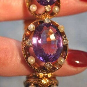 Antique 18K Yellow Gold Amethyst, Diamond and Pearl Bracelet image 5