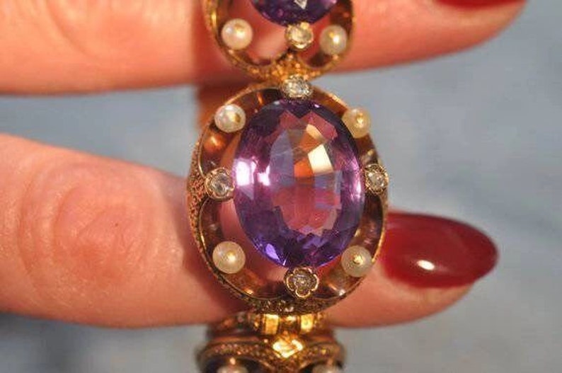 Antique 18K Yellow Gold Amethyst, Diamond and Pearl Bracelet image 5