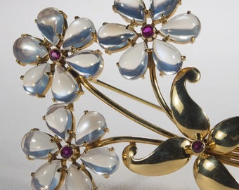 Wordley Allsopp Bliss Moonstone and Ruby 14K Yellow Gold WAB Flower Design Brooch