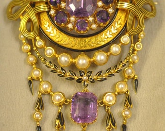 Antique 18K Yellow Gold Amethyst, Pearl and Enamel Statement Pendant Brooch