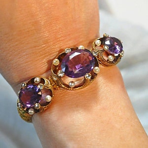 Antique 18K Yellow Gold Amethyst, Diamond and Pearl Bracelet image 2