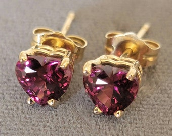 Pair of 14K Yellow Gold Heart Shaped Rubellite Gemstone Pierced Earrings