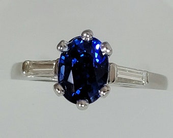 Platinum Fine Quality Genuine Sapphire and Diamond Ring. 1.63 Carat Genuine Sapphire Gemstone and Baguette Diamonds