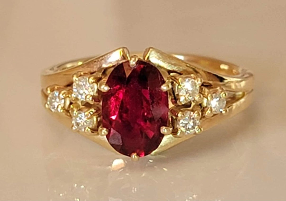 14K Yellow Gold Geniune Oval Shaped Ruby and Diamond Ring - Etsy