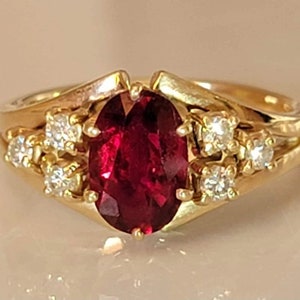 14K Yellow Gold Geniune Oval Shaped Ruby and Diamond Ring