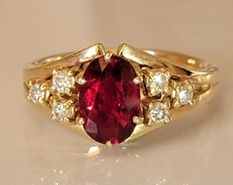 14K Yellow Gold Geniune Oval Shaped Ruby and Diamond Ring