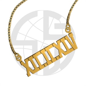 Gold Plated Personalised Name Necklace with ANY DATE / NUMBER of your choice in Roman Numerals