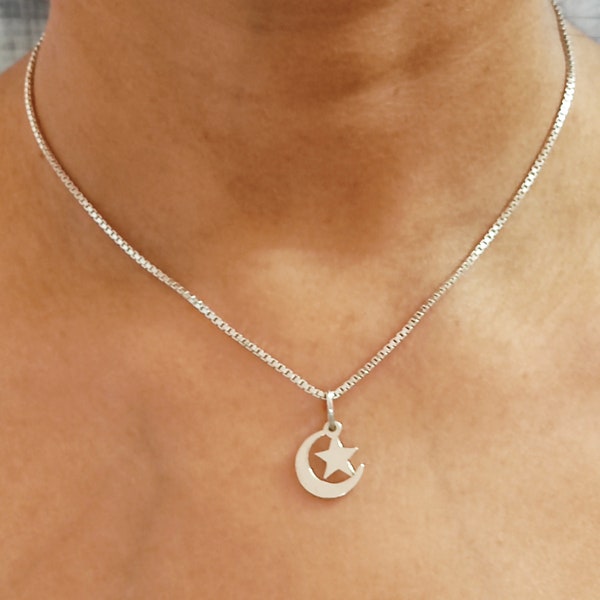 Sterling Silver Crescent Moon and Star Pendant handmade, symbol of Islam