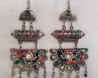 Orecchini Pendenti Etnici Boho Fatti A Mano – Argento Ossidato Con Turchesi Compressi – Anallergici
