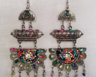 Orecchini Pendenti Etnici Boho Fatti A Mano – Argento Ossidato Con Turchesi Compressi – Anallergici
