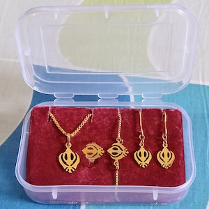 Save upto 30% on Item Set in Gift Pack handmade Gold Plated Khanda, Ek Onkar, Waheguru or Any Name Pendant, Bracelet, Earrings and Ring