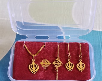 Save upto 30% on Item Set in Gift Pack handmade Gold Plated Khanda, Ek Onkar, Waheguru or Any Name Pendant, Bracelet, Earrings and Ring