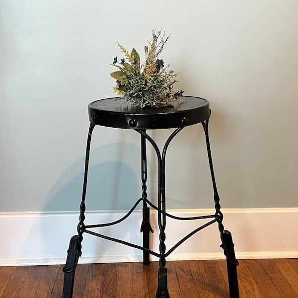 Vintage Metal Ice Cream Shop Stool - Vintage Soda Shop Twisted Metal Stool - Black Chippy Paint Metal Industrial Workshop Stool