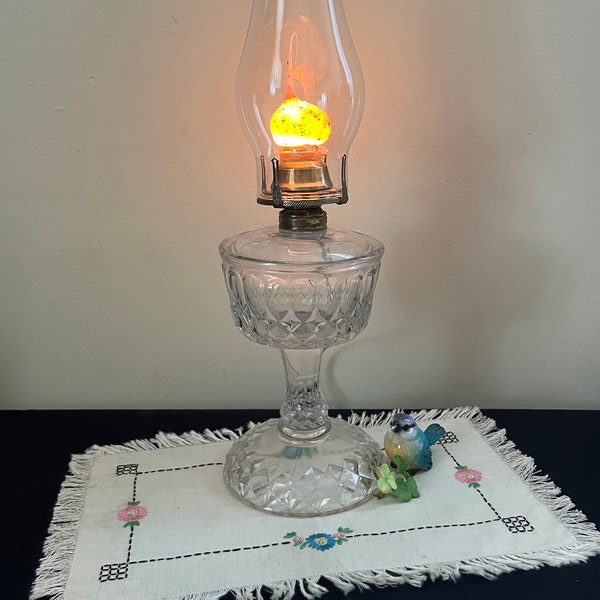 Vintage Oil Lamp Converted Electric Oil Lamp Clear Cut Glass Pedestal Lamp with Chimney Globe