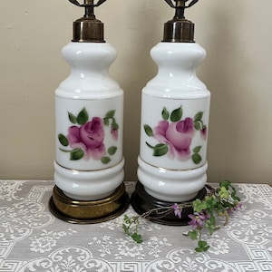 Vintage Boudoir Lamps - Set of Two Milk Glass Hand Painted Floral Table Lamps - Pink Floral Design Ceramic Floral Lamps