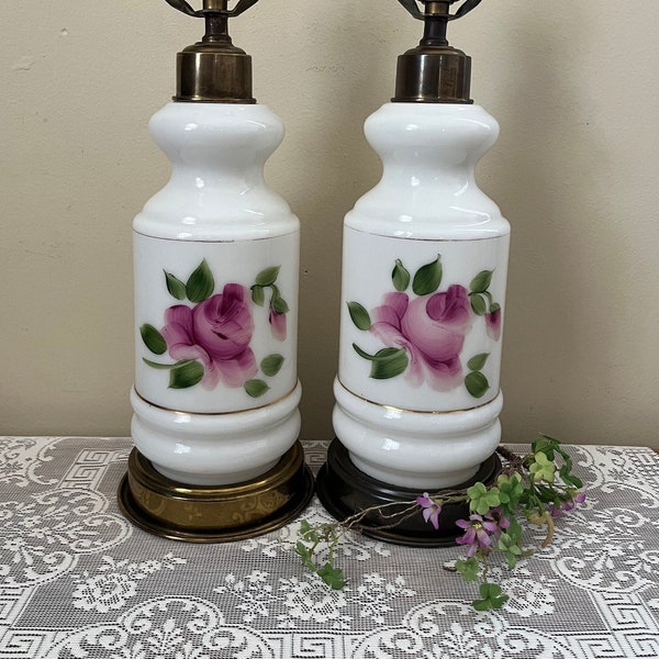 Vintage Boudoir Lamps - Set of Two Milk Glass Hand Painted Floral Table Lamps - Pink Floral Design Ceramic Floral Lamps