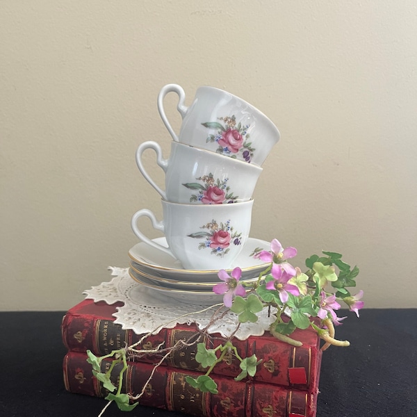 1930s Bohemia Czechoslovakia Porcelain Tea Set - Rose Floral Cup and Saucer - Petite Tea Set Demitasse - Made in Czechoslovakia