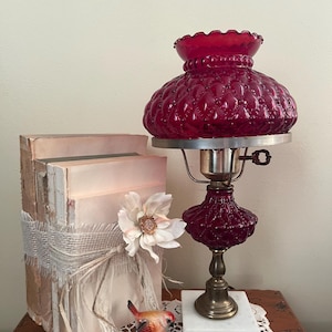 Vintage Ruby Red Glass Victorian Parlour Table Lamp - Petite GWTW Hurricane Lamp