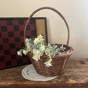 Vintage Basket Gathering Basket Farmers Market Basket Old Reed Wicker Gathering Storage Basket