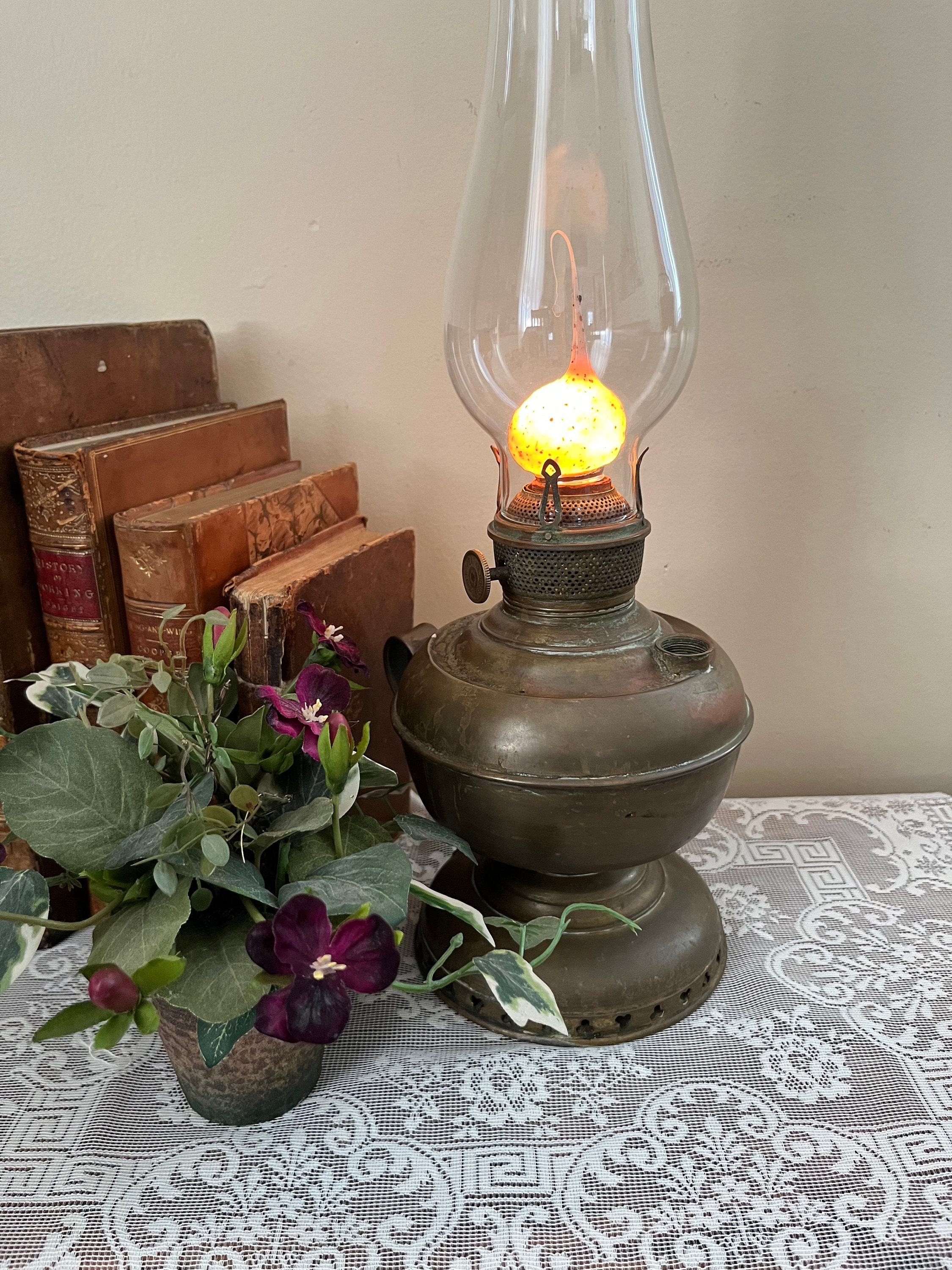 Vintage Brass Oil Lamp Millers Vestal Co Primitive Electric Etsy