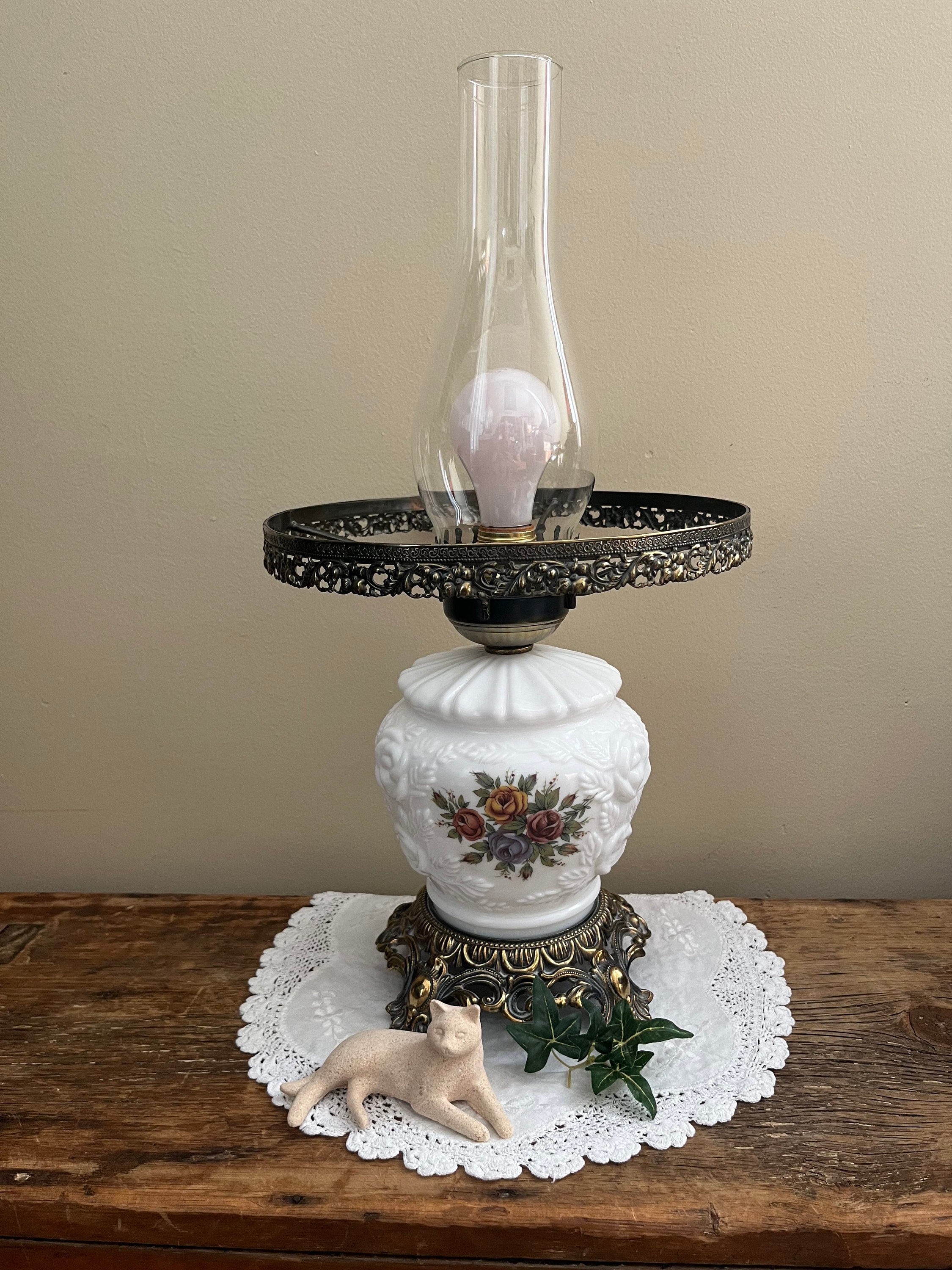 Vintage Milk Glass Victorian Parlor Table Lamp GWTW Hurricane Lamp