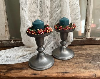 Pair of Pewter Candle Holders - Vintage EMPIRE Pewter Candle Platforms - Set of 2 Shabby Chic Rustic French Country Primitive Candleholders
