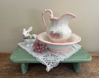 Vintage Petite Pitcher & Wash Basin Saucer - Simple White Pitcher and Bowl with Pink Trim Floral Spray - White Cottage Style Farmhouse Décor