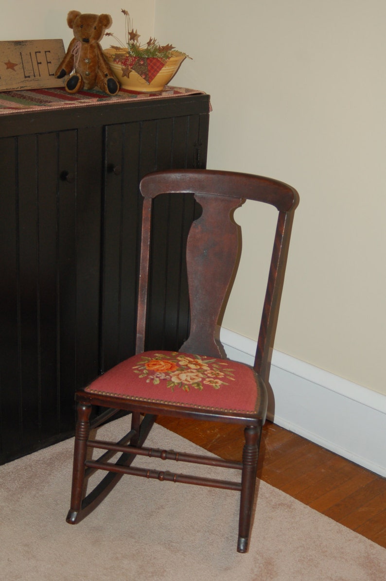 Antique Rocking Chair With Needlepoint Seat Shabby Chic Cottage Romantic Decor