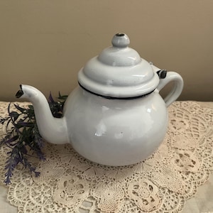 Rustic Enamel Kettle - Primitive White and Black Enamelware Tea Kettle Pot - Display Only Farmhouse Enamel Ware Pot