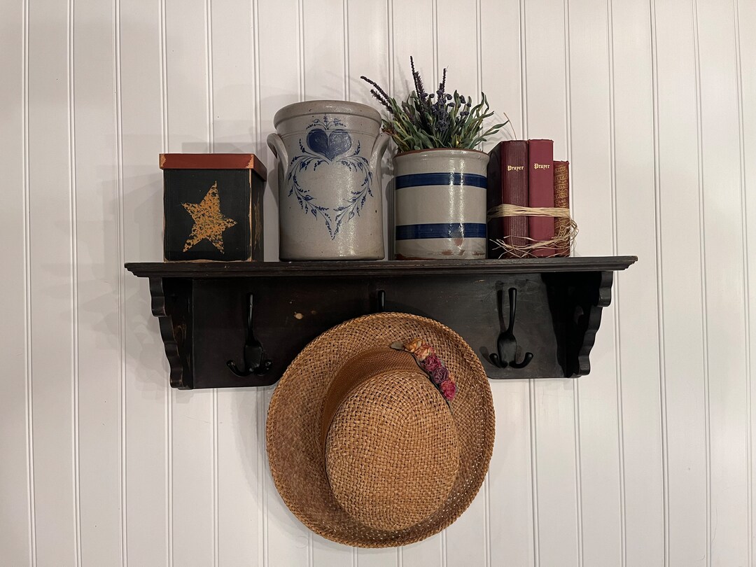Shaker Wall Hat Rack Wooden Shaker Style 3 Hook Shelf 22 Vintage Black Rustic Coat Hat Rack ...
