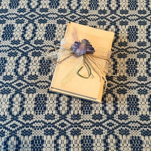 Vintage Hand Woven Overshot Bedspread Coverlet Blanket - Geometric Blue and Cream Americana Woven Woolen Bedspread 88 x 106