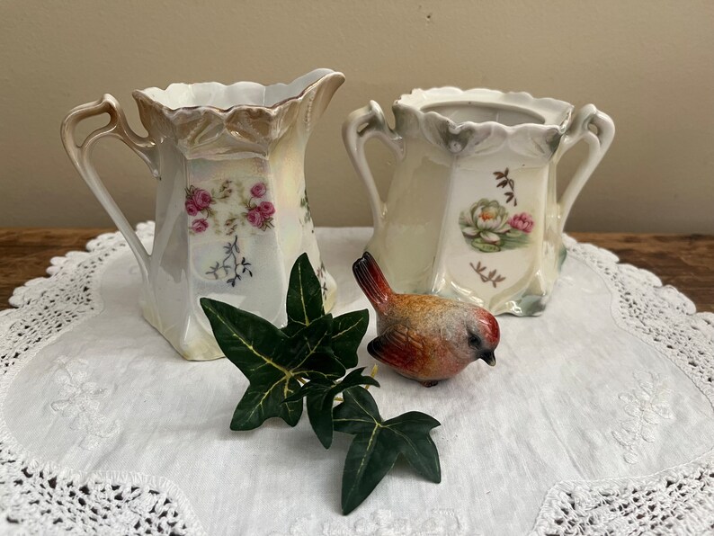 Vintage Mismatched Porcelain Cream and Sugar Set Pink White Rose Floral