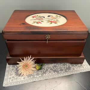 Stunning Vintage Wood Box w/ Cross Stitch Lid Inset - Hand stitched Birds on Linen - Decorative Large Wood Box - Storage Box - Hope Chest