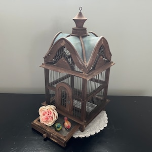 Charming Primitive Vintage Bird Cage - Vintage Weathered Bird Cage with Blue Metal Roof - Rustic Farmhouse Barn Garden Wedding Decor