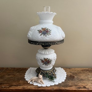 Vintage Milk Glass Victorian Parlor Table Lamp GWTW Hurricane Lamp