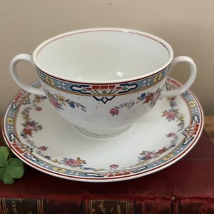 Vintage W.H. Grindley Bouillon Cup & Saucer Dresden Pattern Tea Cup and Saucer - Made in England - Double Handle Tea Cup